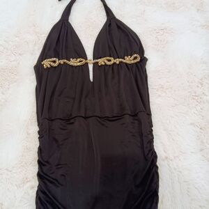 Black Halter Dress with Gold Embellishment